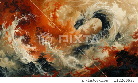 Mythical creatures. Japan myth. Susanoo-no Mikoto, a towering figure of untamed power, stands amidst a chaotic maelstrom of swirling clouds and raging winds . storm god in Japanese mythology 122266653