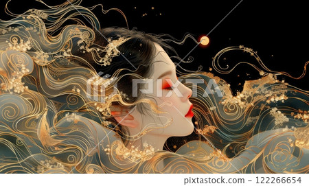 Mythical creatures. Japan myth. portrait of Amaterasu Omikami, the compassionate goddess of the sun, , art nouveau 2d style image, golden colors Mythical creatures. Japan myth. portrait of Amaterasu Omikami, the compassionate goddess of the sun, , art nouveau 2d style image, golden colors 122266654