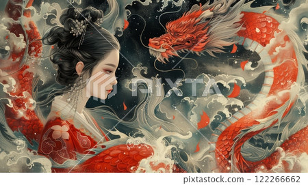Majestic dragon from Japanese mythology and woman, symbolizing power, wisdom, and protection. intricate scales, dynamic movement, and aura of mysticism, embodying traditional Japanese folklore. 122266662