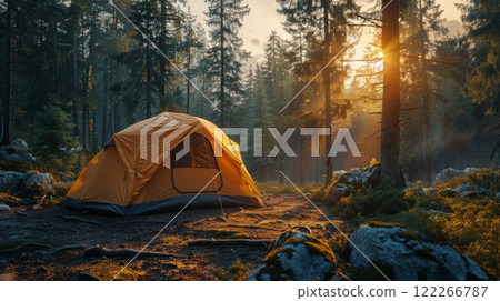 camp tent with bonfire in sunset time in mountains near forest , concept of summer vacation. 122266787
