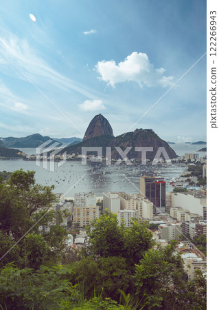 panoramic view of Rio de Janeiro city from mountain at sunset. 122266943