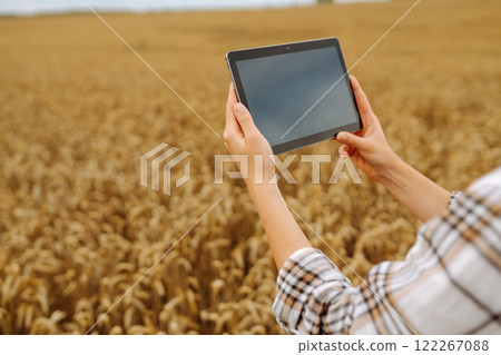 Woman farmer with digital tablet in agricultural field. Smart farm Woman farmer with digital tablet in agricultural field. Smart farm 122267088