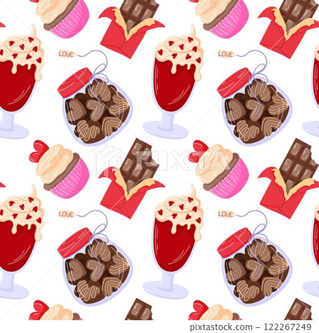 Seamless Valentine Day pattern with chocolate candies, cupcake, drinks and red packaging in cartoon style. Perfect for holiday design, wrapping paper, card and festive decoration. Seamless Valentine Day pattern with chocolate candies, cupcake, drinks and red packaging in cartoon style. Perfect for holiday design, wrapping paper, card and festive decoration. 122267249