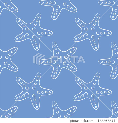 Seamless starfish pattern with dotted details in a line art style on a blue background. Perfect for marine design, beach theme, textile, wrapping, wallpaper and summer decoration. Seamless starfish pattern with dotted details in a line art style on a blue background. Perfect for marine design, beach theme, textile, wrapping, wallpaper and summer decoration. 122267251