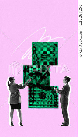 Modern art collage. Man and woman connect giant dollar bills on pink background, representing financial transaction or merging of assets. Modern art collage. Man and woman connect giant dollar bills on pink background, representing financial transaction or merging of assets. 122267256