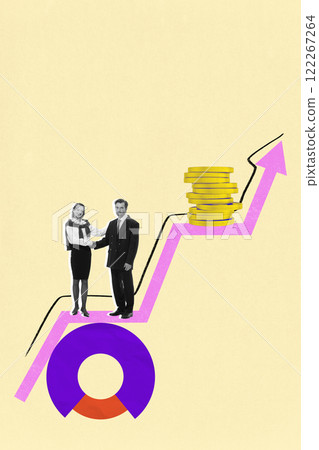 Modern art collage. Business people shake hands on upward graph near gold coins, symbolizing successful partnership, financial growth. Modern art collage. Business people shake hands on upward graph near gold coins, symbolizing successful partnership, financial growth. 122267264