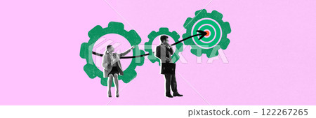 Modern art collage. Young business people cooperating against pink background with mechanical gears and arrow pointing to target. Modern art collage. Young business people cooperating against pink background with mechanical gears and arrow pointing to target. 122267265