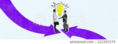 Conceptual artwork. Two people, dressed formal attire standing on purple arrows and shaking hands, make deal with electric bulb lighting upwards. Conceptual artwork. Two people, dressed formal attire standing on purple arrows and shaking hands, make deal with electric bulb lighting upwards. 122267274
