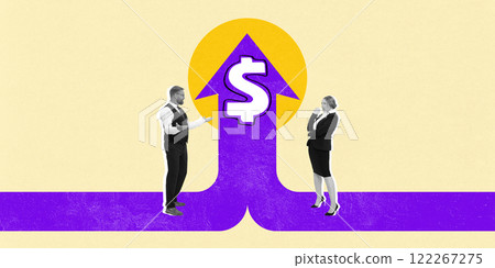 Conceptual artwork. Two people, workers stand on wide purple arrow pointing up with money sign symbolizing financial growth, profit. 122267275