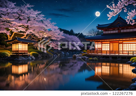Illuminated cherry blossoms and temple 122267276