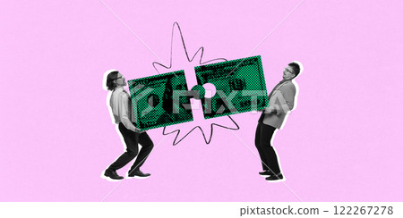 Conceptual artwork. Two businessmen, in black and white, collaborate to assemble puzzle pieces forming dollar bill, symbolizing teamwork and financial success. 122267278