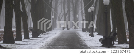 park with trees and benches in fog Minsk 122267471