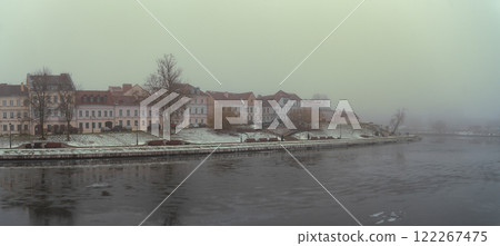 mystical fog in the historical center of Minsk in winter 122267475