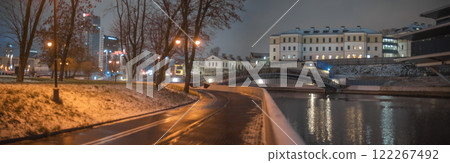 night winter park with river Minsk. City center. night winter park with river Minsk. City center. 122267492