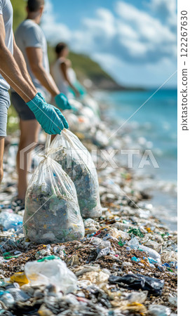 Cropped photo of eco volunteers picking up plastic trash on the beach. Plastic bottles and other garbage are covering of a seaside. Ocean pollution. 122267630