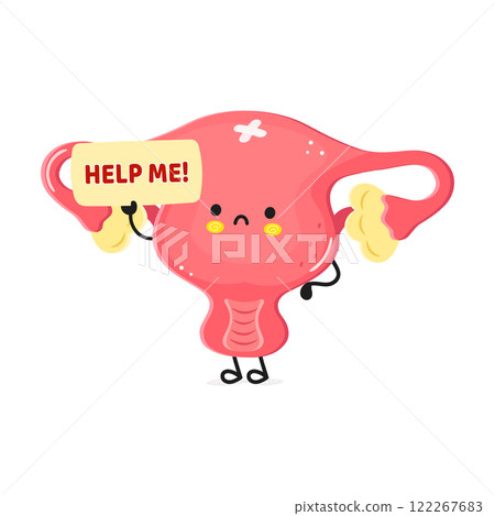 Cartoon uterus character holds a help sign expressing a need for assistance in a humorous way Cartoon uterus character holds a help sign expressing a need for assistance in a humorous way 122267683