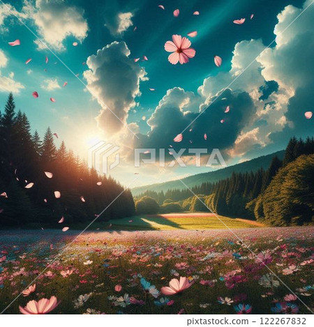 Petals dancing in the wind and a flower field 122267832