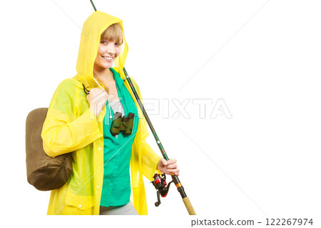 Woman with fishing rod, spinning equipment 122267974