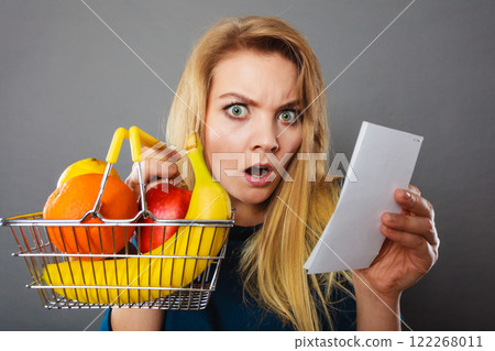 Shocked woman holding shopping basket with fruits 122268011