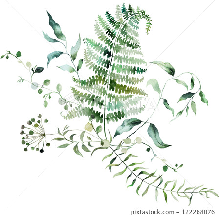 Bouquet with Watercolor fern twigs with green leaves isolated illustration, botanical wedding Bouquet with Watercolor fern twigs with green leaves isolated illustration, botanical wedding 122268076