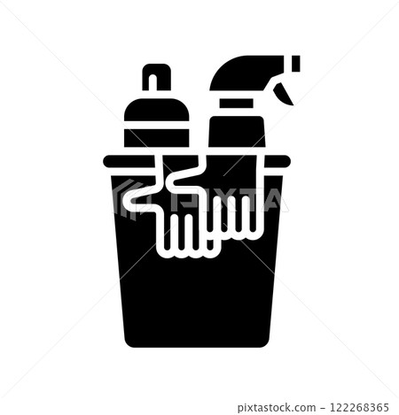 Bucket containing cleaning supplies such as a spray bottle and a bottle of liquid and cleaning rubber gloves. Bucket containing cleaning supplies such as a spray bottle and a bottle of liquid and cleaning rubber gloves. 122268365