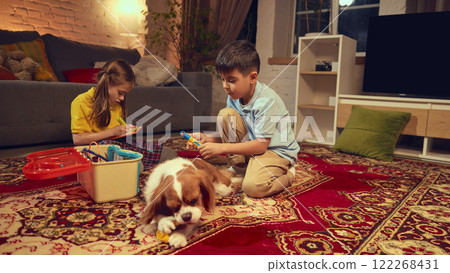 Boy and girl, friends having fun at home, playing doctor, vets, doing injection to dog with medical toys in cozy living room in evening 122268431