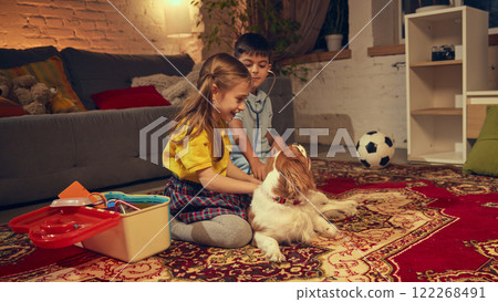 Two kids, boy and girl sitting on carpet at home in living room in the evening and playing with their pet, pretending to be vet doctors 122268491