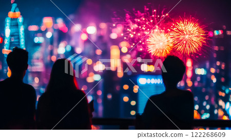 Silhouettes of people standing on a balcony terrace of a skyscraper overlooking the metropolis and watching the fireworks flashes in the night sky. 122268609