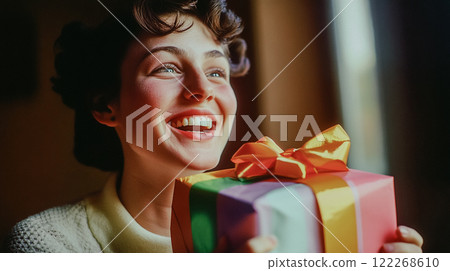 Happy cheerful young woman holding bright gift box in colourful wrapper smiling widely. Holiday greeting, congratulations. Present box in female hands 122268610