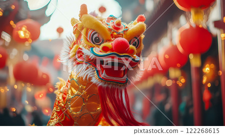 Dragon dance The performing with the dragon on the Chinese street during celebration of a Lunar New Year. Cultural Asian event. Chinatown traditions. 122268615