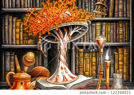 A painting of a mushroom sitting on top of a book in front of a bookshelf 122268831