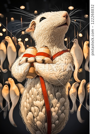 A rat holding a pair of wooden spoons in its paws 122268832
