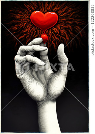 A hand holding a red heart in the middle of a black background 122268833