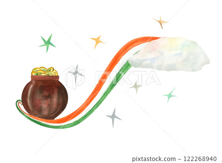 Pot of gold at the end of a rainbow with cloud and stars watercolor isolated illustration. Rainbow in the national colors of Ireland. Traditional accessories of St. Patrick Day. For poster, greetings. Pot of gold at the end of a rainbow with cloud and stars watercolor isolated illustration. Rainbow in the national colors of Ireland. Traditional accessories of St. Patrick Day. For poster, greetings. 122268940