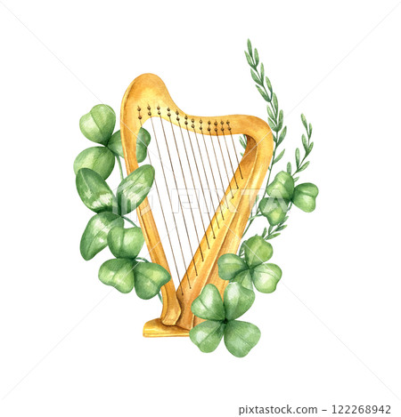 Watercolor classical wooden Celtic Irish harp string clover leaves, meadow spikelet watercolor illustration. Hand drawn St Patrick day musical instrument for traditional festival design, carnival card 122268942