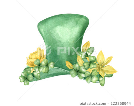 Green leprechaun hat decorated with spring yellow tulip flowers and clover leaves watercolor illustration. Saint Patrick day 2025 decoration. Spring festive composition for holiday postcard, greeting Green leprechaun hat decorated with spring yellow tulip flowers and clover leaves watercolor illustration. Saint Patrick day 2025 decoration. Spring festive composition for holiday postcard, greeting 122268944