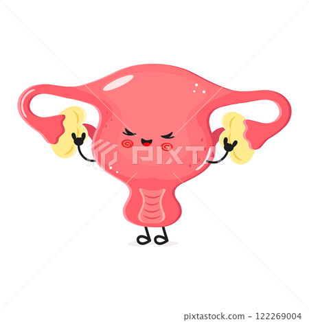 Cartoon illustration of a joyful uterus with cheerful expression in a colorful design Cartoon illustration of a joyful uterus with cheerful expression in a colorful design 122269004