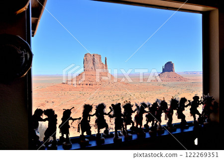 Two Mitten Buttes cut into a gift shop window frame Two Mitten Buttes cut into a gift shop window frame 122269351