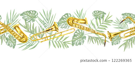 Watercolor shiny musical wind instruments with tropical green leaves seamless banner. Hand painted saxophone, trombone, trumpet, palm and monstera foliage pattern illustration for design shops, print Watercolor shiny musical wind instruments with tropical green leaves seamless banner. Hand painted saxophone, trombone, trumpet, palm and monstera foliage pattern illustration for design shops, print 122269365