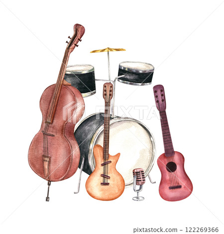 Musical drum kit, double bass, six string electric and acoustic guitar and retro microphone on metal stand watercolor illustration. Jazz instruments in realistic style composition for festival poster 122269366