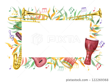 Watercolor carnival music percussion and wind instruments, musical notes among abstract colored foliage rectangle frame. Mardi Grass, Brazilian carnival illustration with copy space for text. 122269368