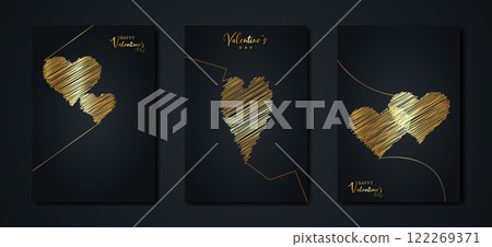 Valentines day set black card. Gold hand drawn hearts. Golden scribble markers symbols. Holiday poster background. Concept for banner, flyer, party invitation, jewelry gift shop 122269371