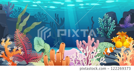 Underwater background. Undersea floor, coral sea, fish and seaweed, different colorful algae. Decorative art landscape. Aquarium backdrop. Tropical marine scene. Vector cartoon isolated illustration 122269373