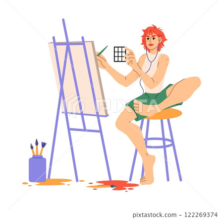 Characters leisure. Creative hobby. Happy woman painting picture. Girl at easel canvas drawing with paints palette and listening to music. Creativity craft studio. Artistic workshop. Vector concept 122269374