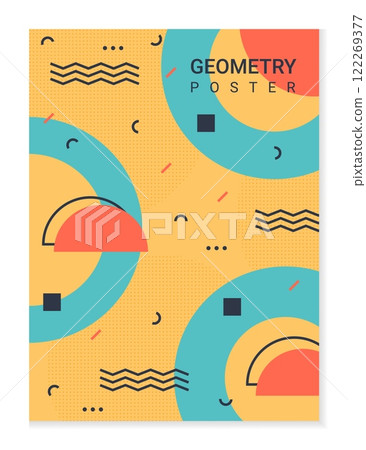 Abstract poster. Memphis card. Graphic geometry elements. Flat circles and zigzag lines. Geometric shapes. Color semicircles. Brochure cover print. Simples figures. Vector minimalist banner design 122269377