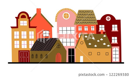City street. Cute tiny houses. Childish nursery decor, residential building with roof and windows. Real estate icons. Unban architecture. Simple cityscape. Vector cartoon flat isolated illustration City street. Cute tiny houses. Childish nursery decor, residential building with roof and windows. Real estate icons. Unban architecture. Simple cityscape. Vector cartoon flat isolated illustration 122269380
