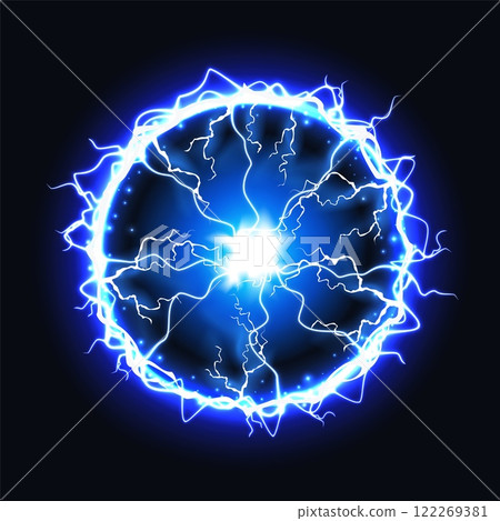 Ball lightning energy. Electric circle. Effect burst magic power. Sphere light. Explosion core with neon sparks. Blue glow flash. Abstract thunder bolt. Illuminated plasma blast. Vector elements set 122269381