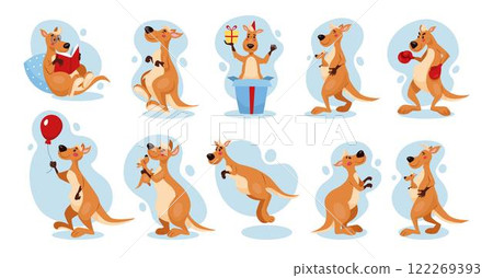 Kangaroo cartoon mascot. Funny Australia animal. Australian character jumps and stands with balloon. Pouch mother wallaby. Cute marsupials in zoo. Birthday gift. Vector tidy Safari creature poses set Kangaroo cartoon mascot. Funny Australia animal. Australian character jumps and stands with balloon. Pouch mother wallaby. Cute marsupials in zoo. Birthday gift. Vector tidy Safari creature poses set 122269393