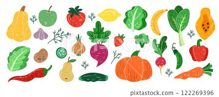 Vegetable abstract food. Organic icon kitchen. Leaf, different fresh fruit, green apple, salad, tomato. Pumpkin and carrot. Farm graphic, agriculture doodle flat style. Vector tidy illustration set Vegetable abstract food. Organic icon kitchen. Leaf, different fresh fruit, green apple, salad, tomato. Pumpkin and carrot. Farm graphic, agriculture doodle flat style. Vector tidy illustration set 122269396