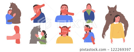 Abuse of women. Pretend relationship. Toxic love. Man aggressive like wolf. Family conflict. Bullying victim. Violent deception. Psychological problem couple. Rapist hands. Vector garish concepts set 122269397